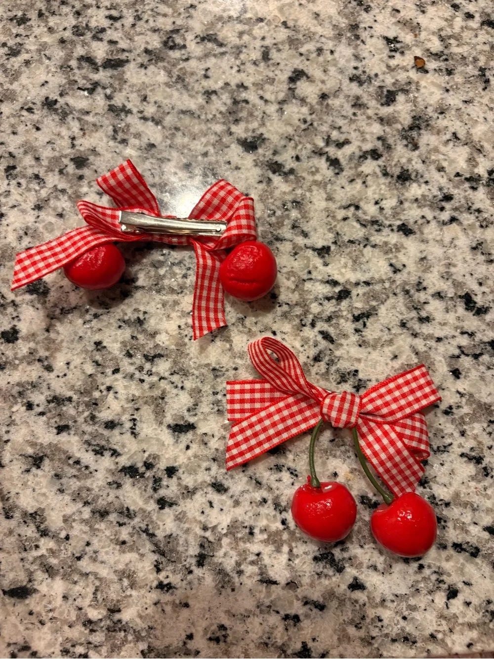 Red Gingham Cherry Bow Hair Clips for Kids